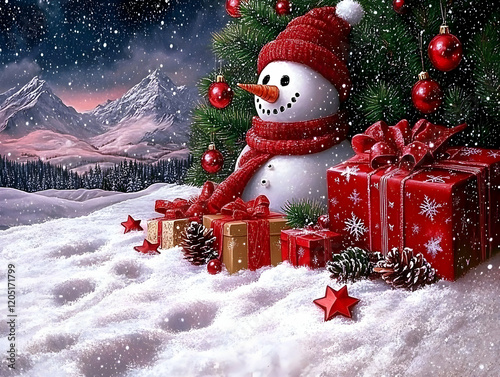 Christmas Snowman Sits Unde...