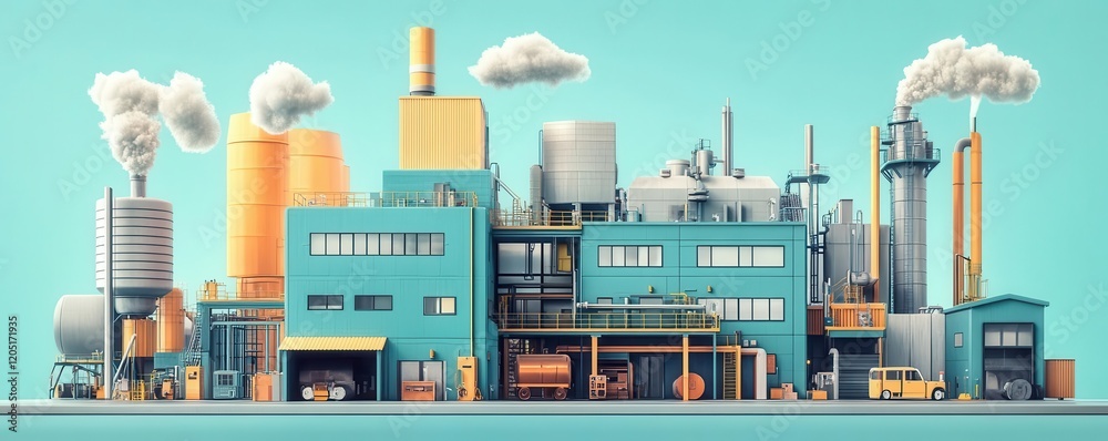 Obraz premium A colorful industrial scene depicting a factory with various structures, machinery, and smoke emitting from chimneys against a bright blue background.