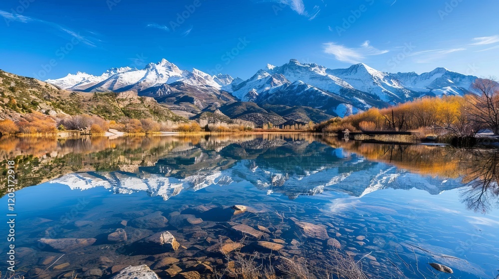 Obraz premium Pristine Mountain Reflection: Snow-Capped Peaks and Serene Lake