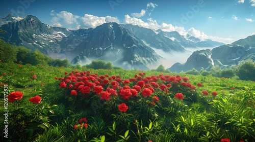 A lush green meadow filled with red roses forms a heart shape, with a stunning mountain range in the background and a bright blue sky