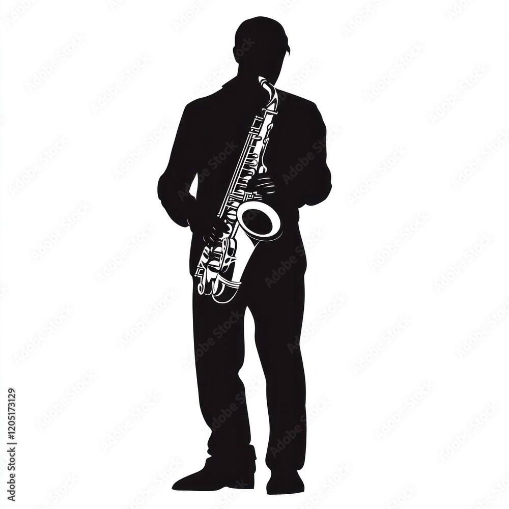 Naklejka premium Saxophonist playing jazz solo, studio silhouette, white background, music poster.