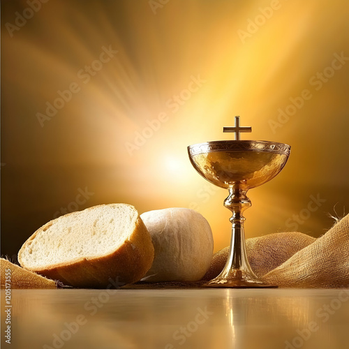 Golden Chalice and Bread: A Symbol of Sacred Rituals in a Warm Glow photo