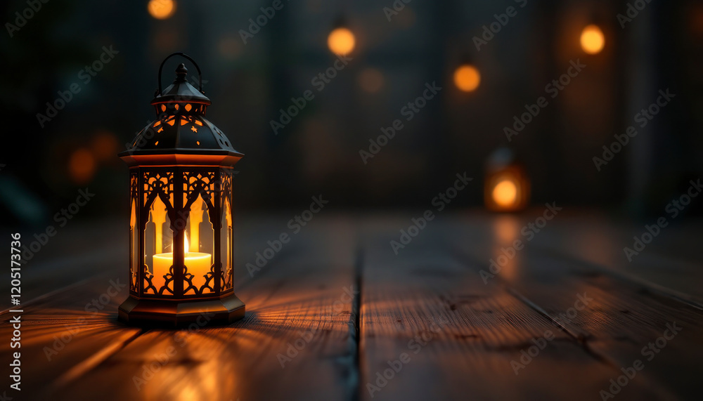 Glowing Lantern on Wooden Deck Romantic Night Scene Glowing Lantern on Wooden Deck Romantic Night Scene