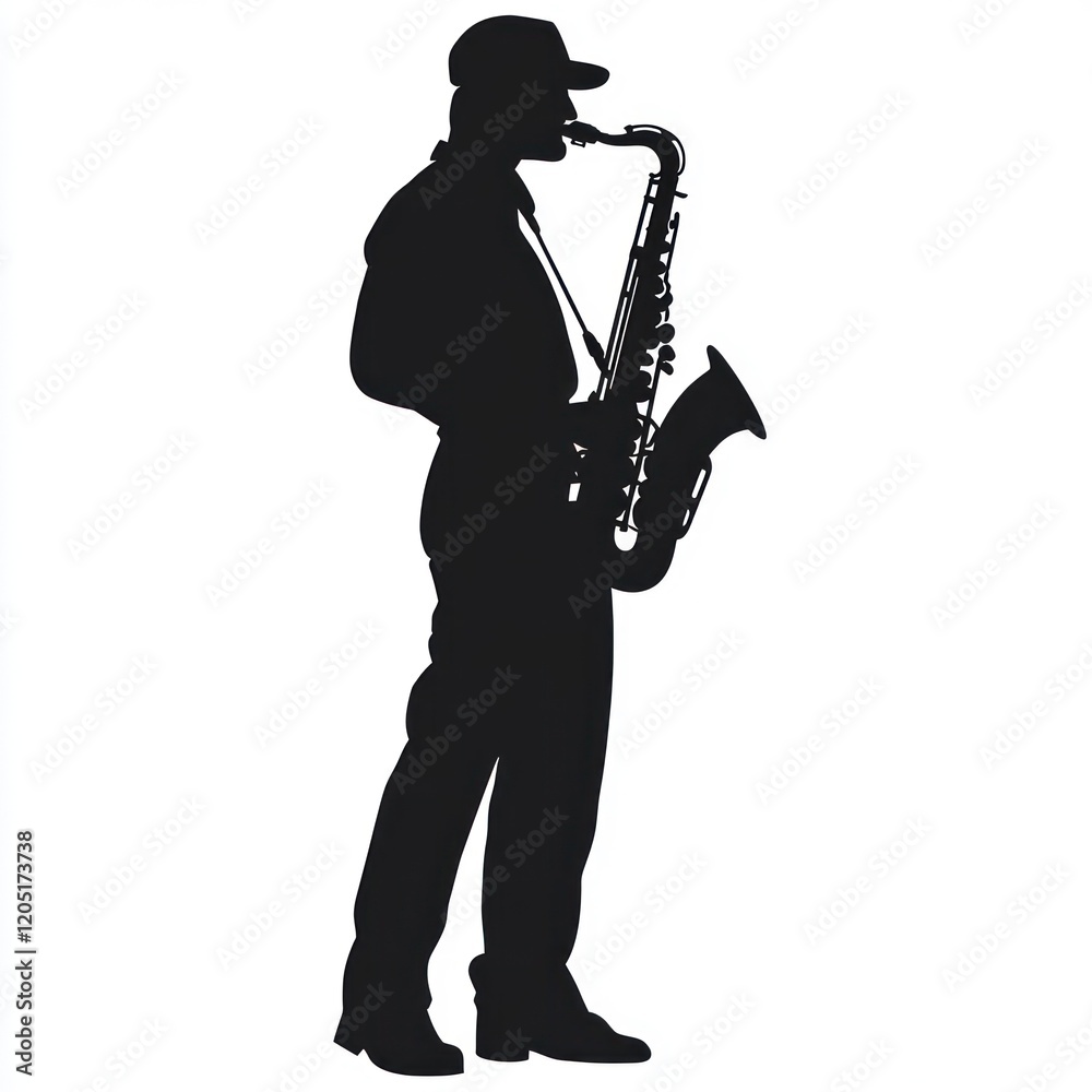 Naklejka premium Saxophonist silhouette playing jazz against white.