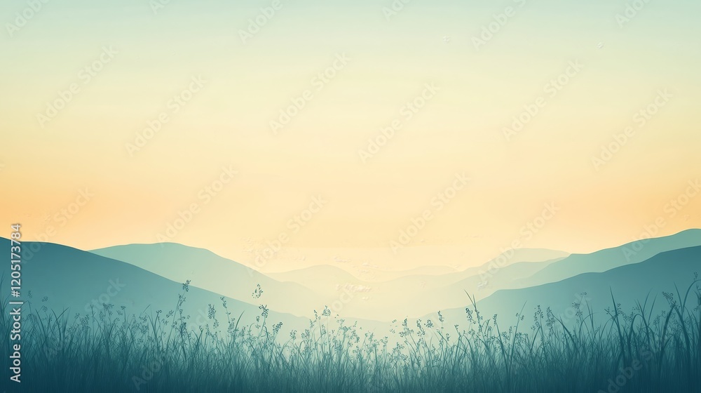 Obraz premium A serene landscape featuring rolling hills and a gradient sky at sunset.