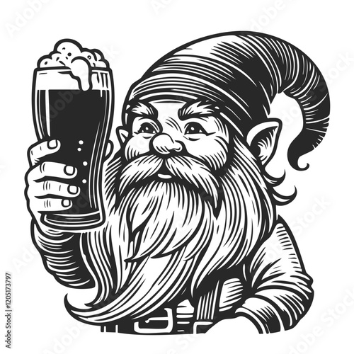 A cheerful gnome with a long beard raises a frothy beer in a playful, vintage illustration.