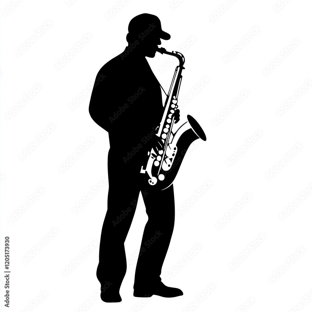Naklejka premium Saxophonist silhouette, performing jazz, stage, spotlight, music poster