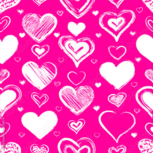 Seamless background with hand drawn hearts, white on pink. Stock vector illustration for your design.