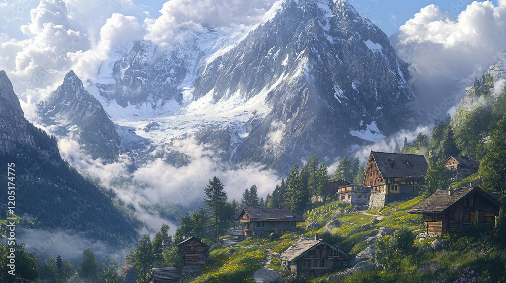A mountain range with snow-capped peaks A mountain range with snow-capped peaks