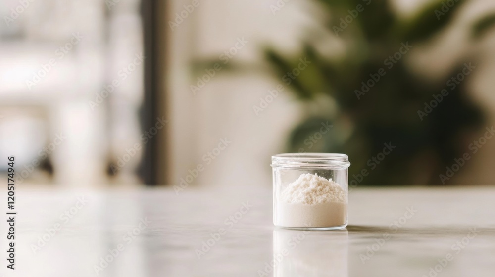 Glass jar filled with collagen placed on a minimalist table, a natural elixir for enhancing skin elasticity, fortifying bones, lubricating joints, and supporting intestinal health. Glass jar filled with collagen placed on a minimalist table, a natural elixir for enhancing skin elasticity, fortifying bones, lubricating joints, and supporting intestinal health.