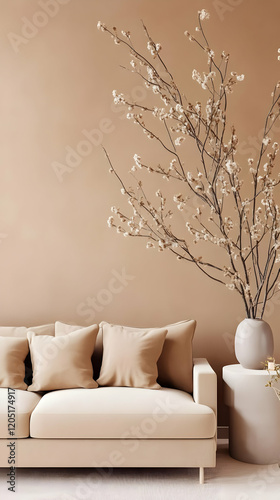 Beige sofa with pillows sit...