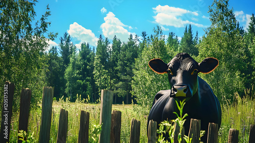 Black Cow Stands Behind Woo...