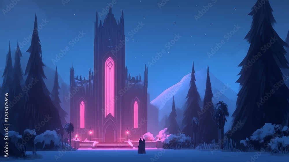 Fototapeta premium Illuminated Gothic Cathedral in Winter Night