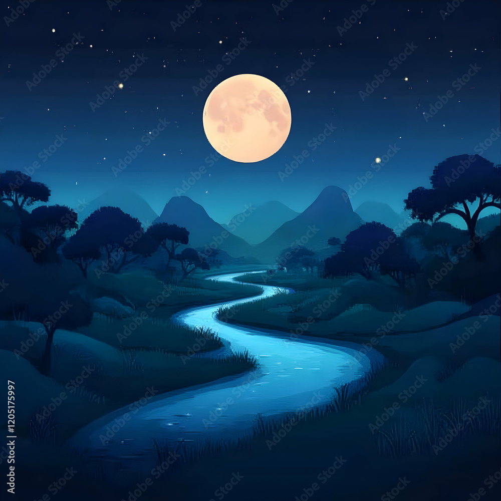 Fototapeta premium Serene River Flows Gently Under the Full Moon in a Night Landscape Illustration