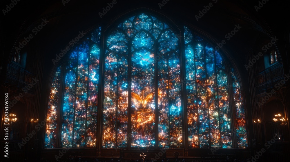 Illuminated Gothic Stained Glass Window Cityscape Illuminated Gothic Stained Glass Window Cityscape
