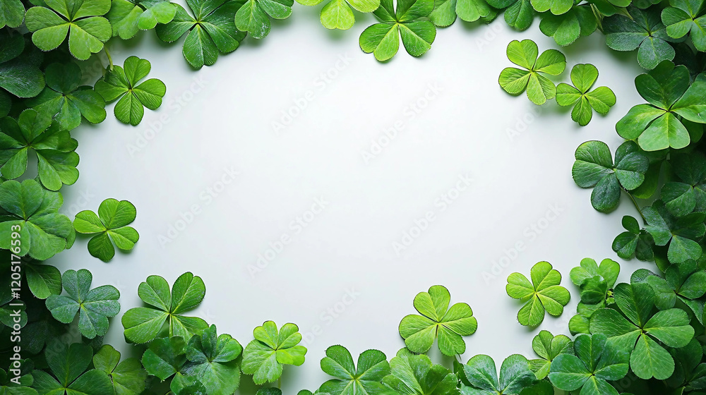 A green leafy border with four green clovers in the center A green leafy border with four green clovers in the center