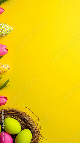 Easter eggs and tulips lie ...