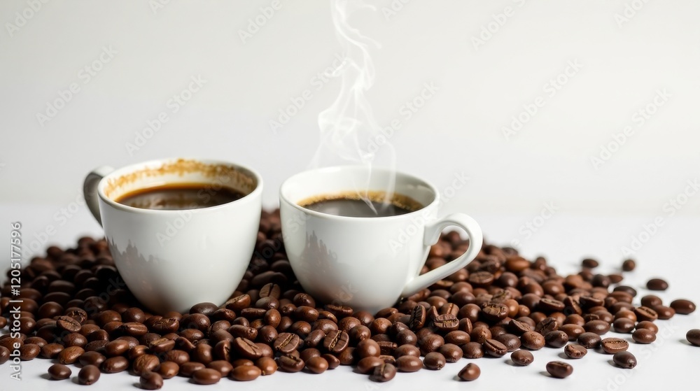 Two steaming cups of aromatic coffee nestled amongst a generous scattering of freshly roasted beans, a delightful morning scene Two steaming cups of aromatic coffee nestled amongst a generous scattering of freshly roasted beans, a delightful morning scene
