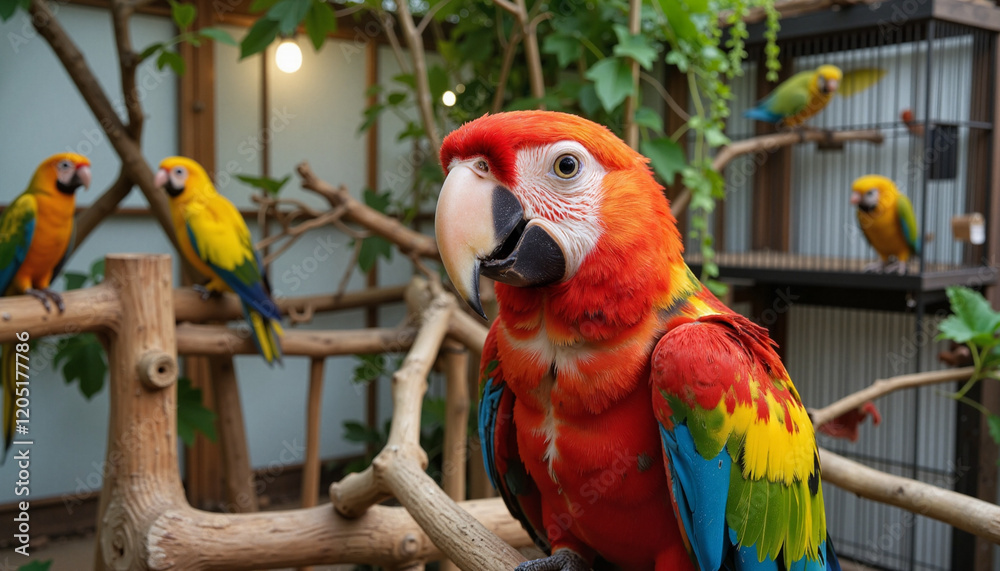 Obraz premium Colorful parrot posing on tree branch in a vibrant aviary, Pet Day