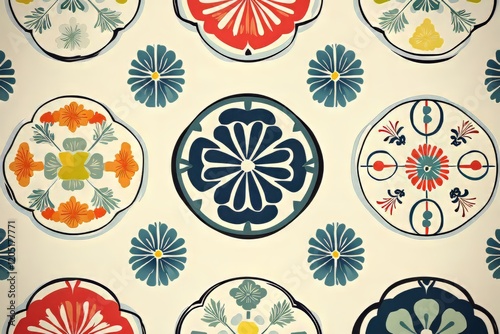 Colorful floral patterns with intricate designs on a light background.