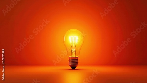 Illuminated Glass Bulb Against a Vivid Orange Backdrop A Symbol of Innovation and Bright Ideas