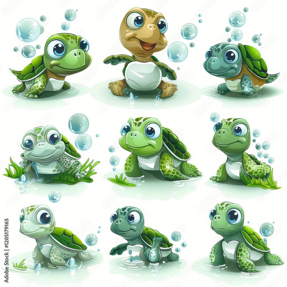 Fototapeta premium Series of cartoon turtles in various poses, with one of them looking sad