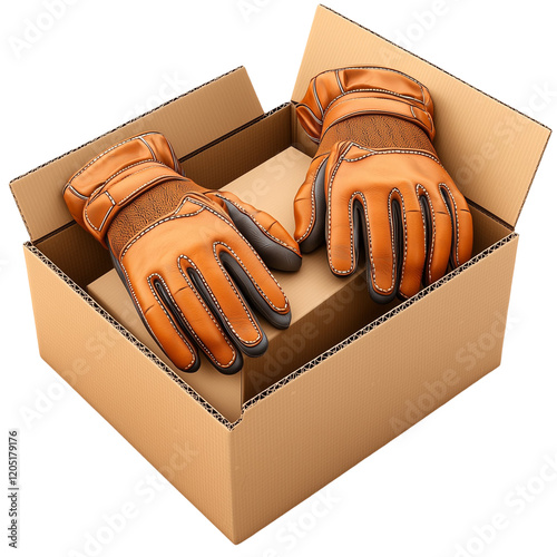 A pair of orange work gloves placed inside a cardboard box.