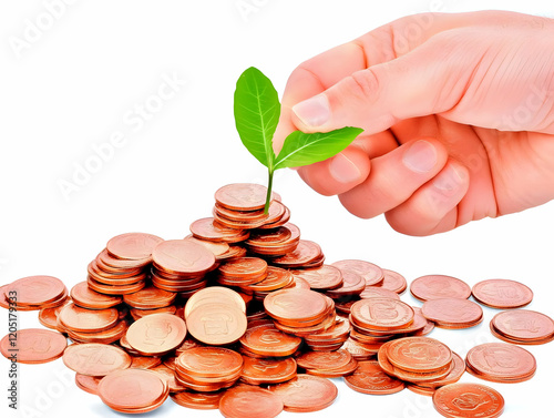 Hand Holds Green Plant Growing From Pile of Copper Coins on White Background Carefully