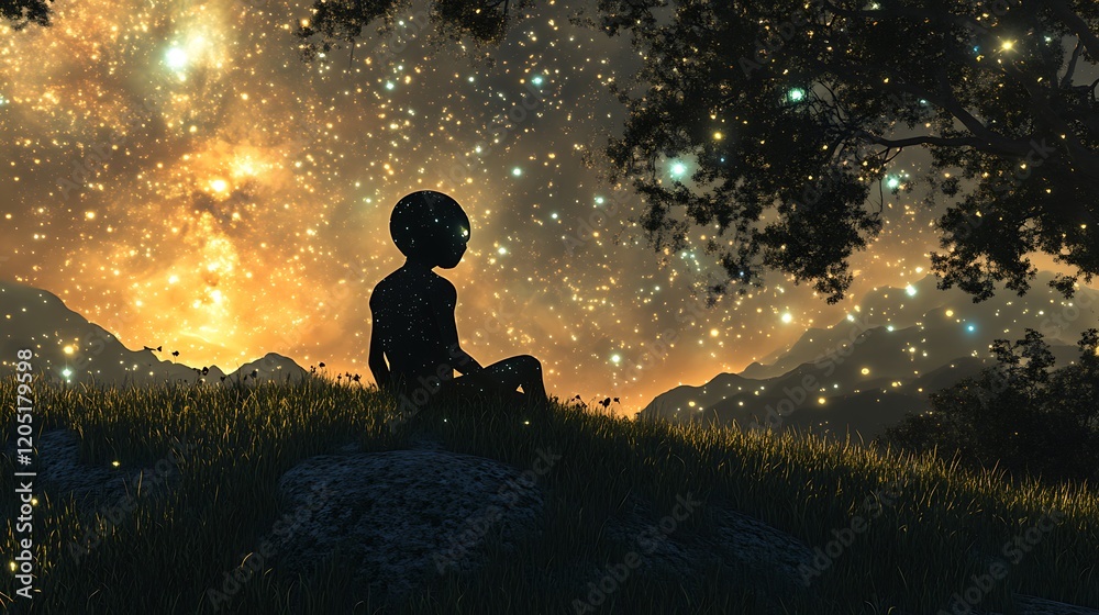 An alien sitting on a grassy knoll gazing at a nearby star cluster and the shimmering cosmos An alien sitting on a grassy knoll gazing at a nearby star cluster and the shimmering cosmos