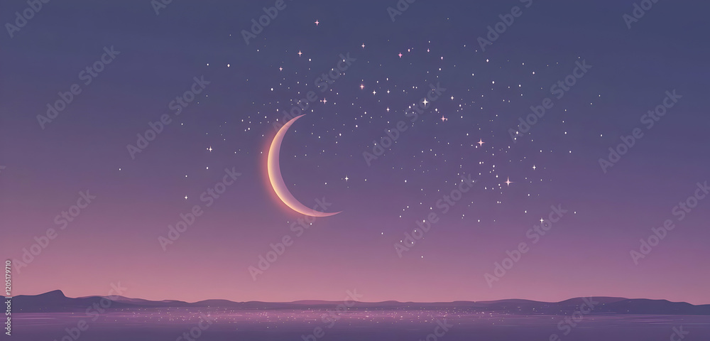 crescent and Moon glowing in the sky with lighting in concept of Happy Ramadan Muslim and Islamic concept or event