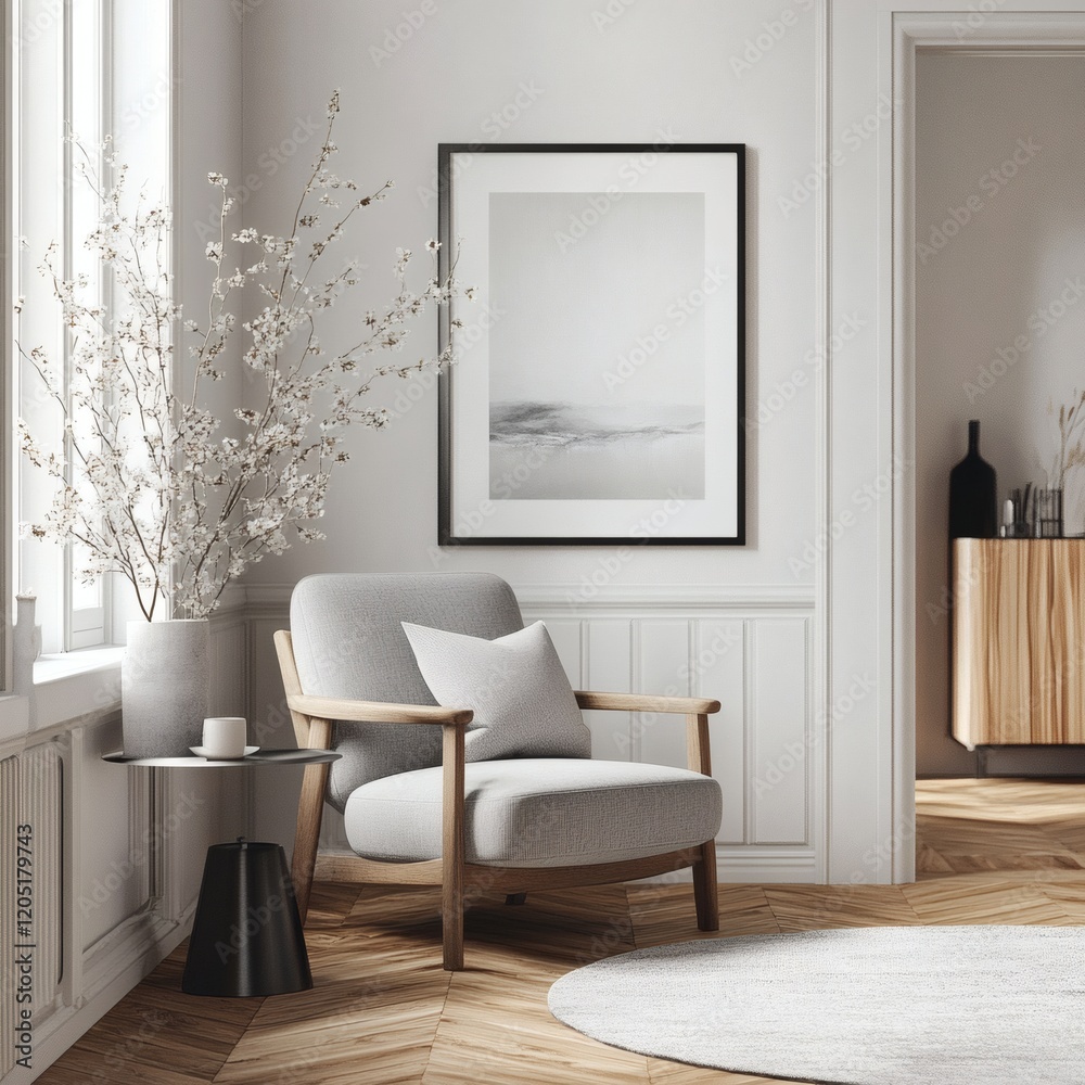 Serene Living Room with Light Grey Armchair and Minimalist Decor Serene Living Room with Light Grey Armchair and Minimalist Decor
