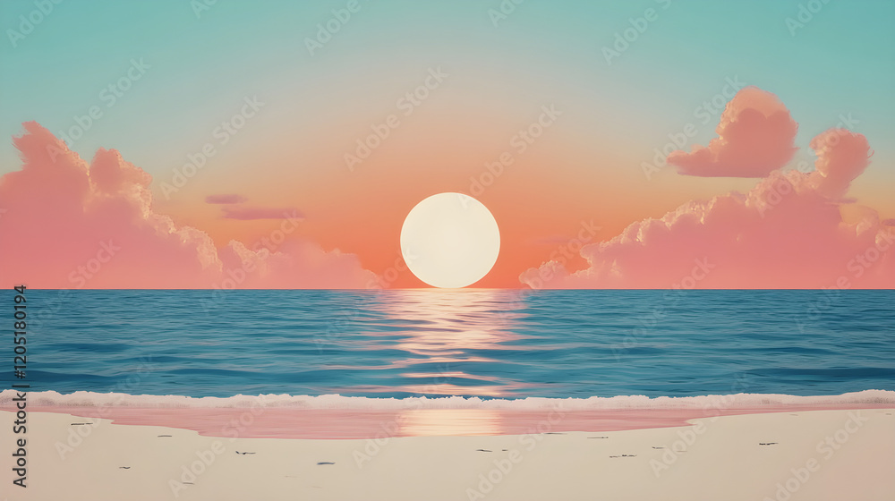Sunset over the ocean beach scene digital art calm atmosphere wide angle serenity and peace