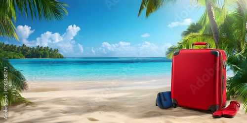 Red Luggage Sits on a Tropi...