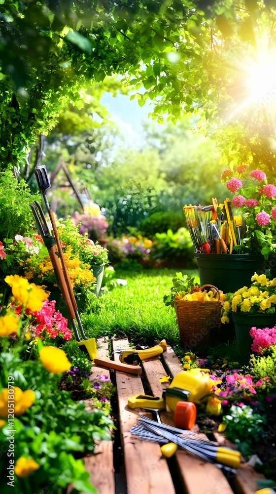 Naklejka premium Gardening tools lay on a wooden walkway in a lush garden filled with colorful flowers in full bloom.