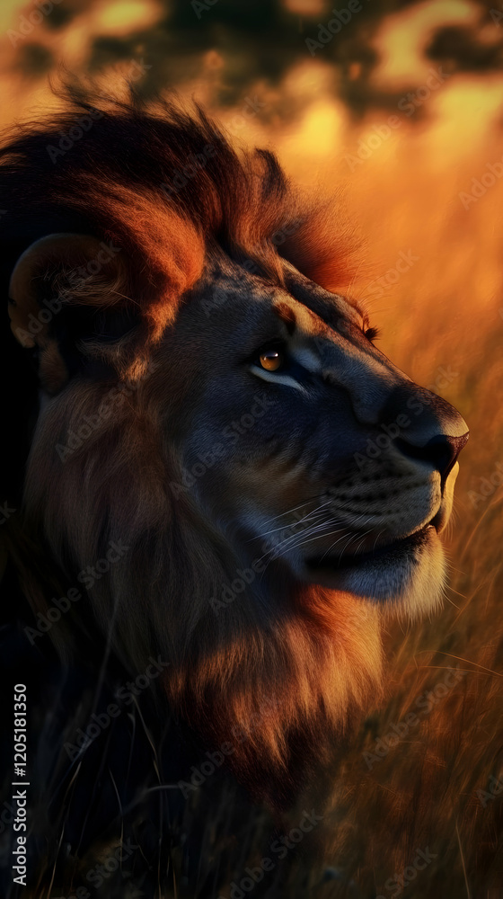Naklejka premium Majestic Lion Gazes into Golden Sunset, a Portrait of Wildlife Beauty in Nature's Embrace.