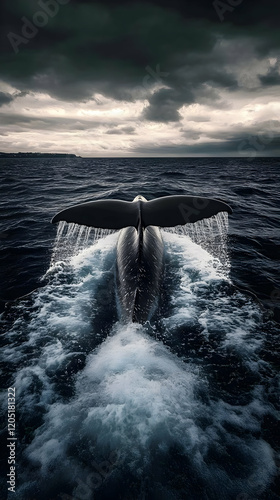Whale dives into dark ocean...