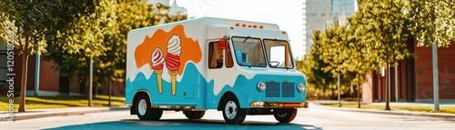 A vibrant ice cream truck parked under sunny skies, surrounded by lush trees, ready to bring joy and treats to the neighborhood.