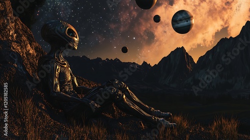 An alien reclined in a valley observing the slow movement of planets across the night sky photo