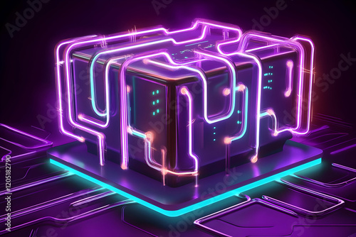 3D Render of Neon-Lit Cube ...