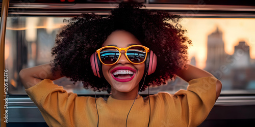 Woman enjoys music on headp...