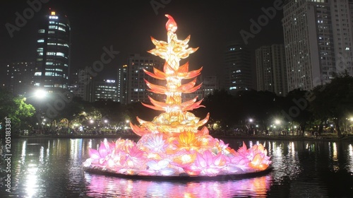 Illuminated Lotus Lantern Festival Night Cityscape