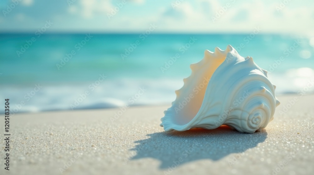 Seashell on a pristine beach near a tranquil ocean, bathed in sunlight Seashell on a pristine beach near a tranquil ocean, bathed in sunlight