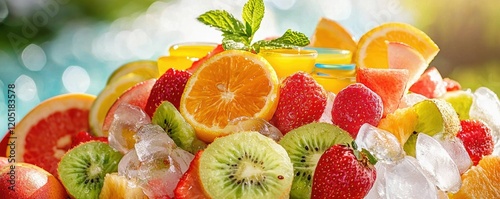 Vibrant bowl of fresh fruit with mint leaves and ice, perfect for summer gatherings and healthy desserts. photo