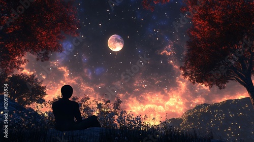 An alien seated in an alien garden observing the majesty of the night sky and its wonders