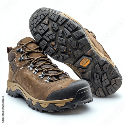 Sturdy hiking boots with a rugged sole, designed for outdoor adventures, featuring durable materials and secure lacing for comfort and support. photo