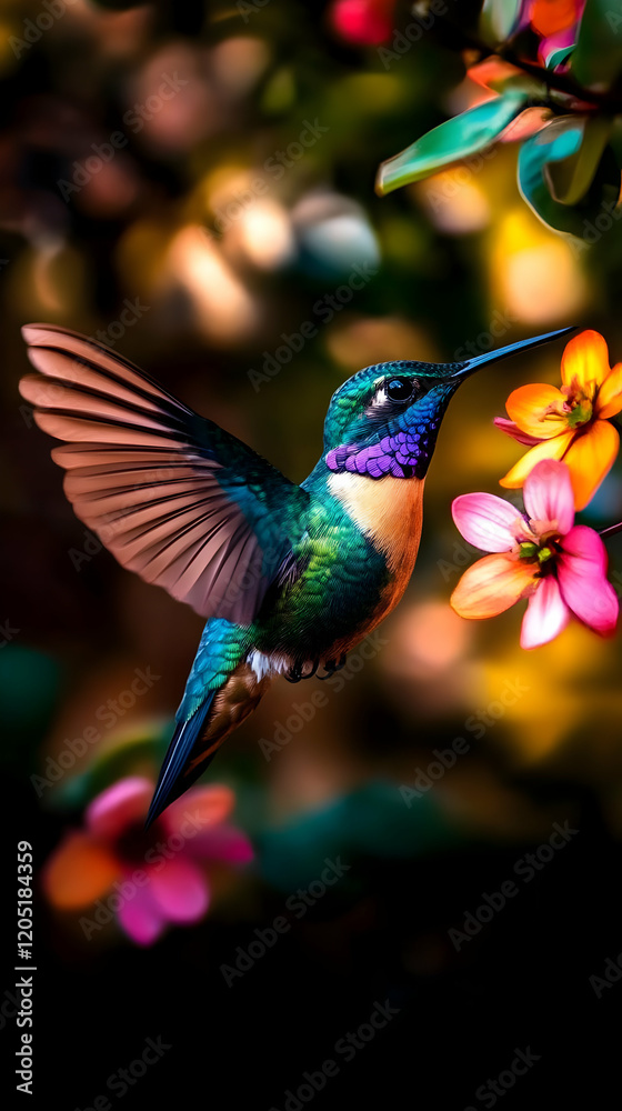 Obraz premium Hummingbird hovers gracefully near colorful flowers in a vibrant garden, capturing the beauty of nature with vivid hues.