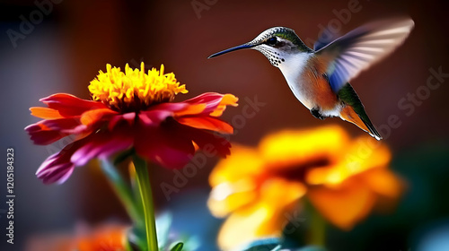 Hummingbird hovers and sips nectar from a vibrant zinnia flower in a colorful garden setting.