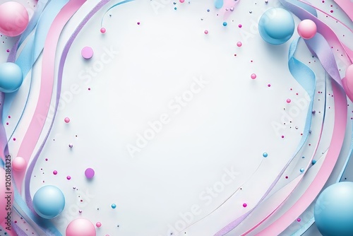 Colorful festive background with blue and pink ribbons and spheres. photo