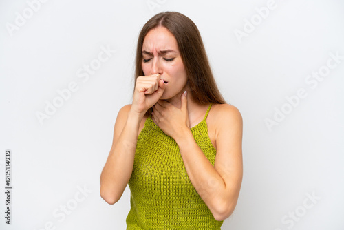 Young caucasian woman isolated on white background coughing a lot