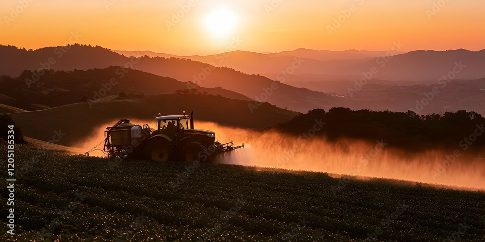 Fototapeta premium Tractor sprays crops in a field at sunset, creating a misty scene with rolling hills.